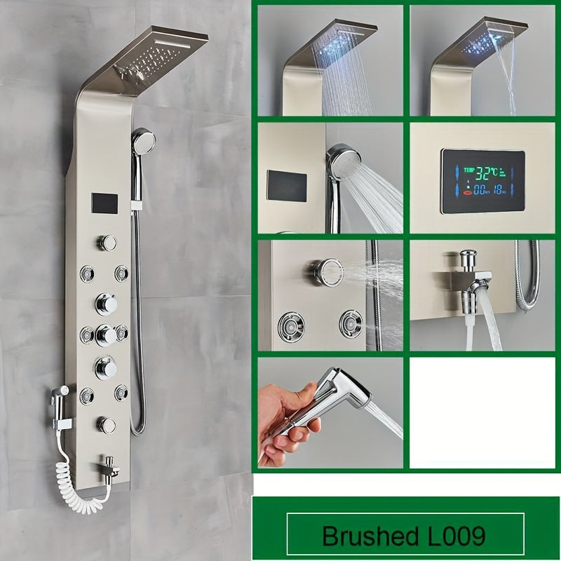 Douchepaneel – Douchekolom – Regendouche – Body Jets – Handdouche – Geborsteld Nikkel – 304 Roestvrij Staal – LED Temperatuurdisplay