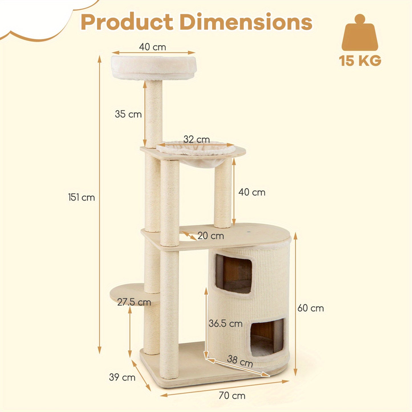 Krabpaal Kat – Kattenboom – Klimmeubel Kat – Kattenhuis – Kattenmeubel – 152 cm Hoog – Sisal Krabpalen & Wasbare Kussens – Houten Constructie – Multi-level Speeltoestel