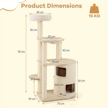 Krabpaal Kat – Kattenboom – Klimmeubel Kat – Kattenhuis – Kattenmeubel – 152 cm Hoog – Sisal Krabpalen & Wasbare Kussens – Houten Constructie – Multi-level Speeltoestel