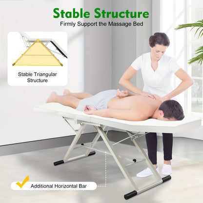 Massagetafel – Behandeltafel – Behandelbank – Schoonheidstafel – Massagebed – Verstelbaar in Hoogte – Roestvrij Staal – 3-voudig Inklapbaar – Wit