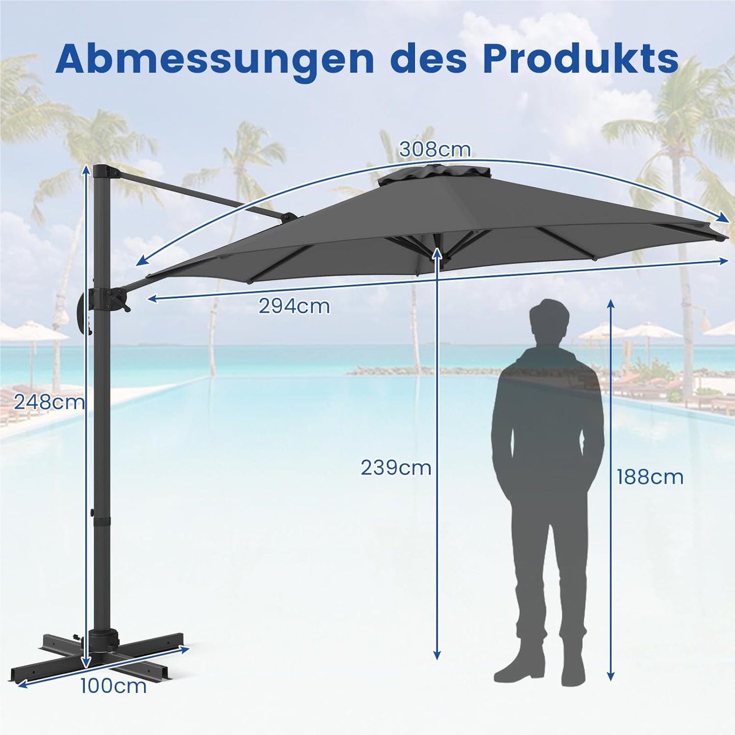 Parasol – Zweefparasol – Tuinparasol – Terrasparasol – Marktparasol – 300x300 cm – Verstelbaar Met 360° Rotatie