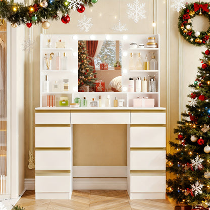 Make-up Tafel – Kaptafel – Visagie Tafel – Beauty Tafel – Make-up Bureau – Met 10 LED Lichtbollen – Grote HD Spiegel – Wit – Veel Opbergruimte – Instelbare Helderheid