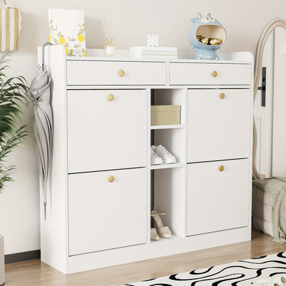 Schoenenkast – Schoenenrek – Schoenenopberger – Schoenenbank – Kast – Wit – 4 Draaideuren & 2 Lades – 110x26x100 cm – Ruime Opbergruimte – Gouden Handgrepen