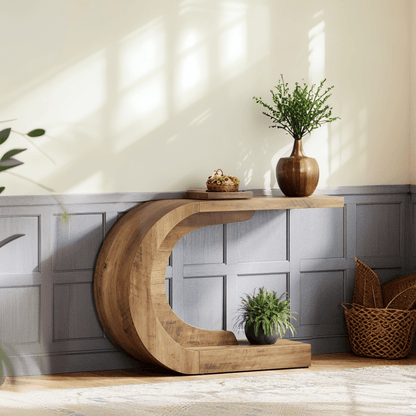 Halfronde Haltafel – Sidetable – Wandtafel – Boekenkast – Console Tafel – 110 cm – Bruin Gelamineerd Hout – Ruimtebesparend Ontwerp