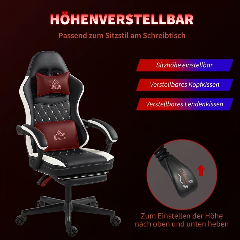 Ergonomic Gaming Chair with Footrest & Lumbar Support - Heavy-Duty Adjustable Height Recliner, 360° Swivel Memory Foam Computer Desk Chair, Manual Recline Handle, Headrest & 5-Wheel Base for Office, PC, Computer (Black/White