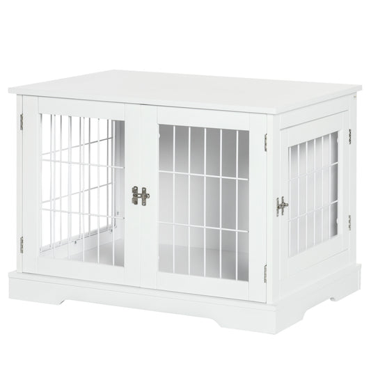 Hondenbench – Hondenkooi – Hondenhok – Hondenkrat – Hondenkooi – 2 Deuren – Opbergruimte Bovenblad – MDF En Metalen Spijlen – Wit – 76x54,5x56 cm