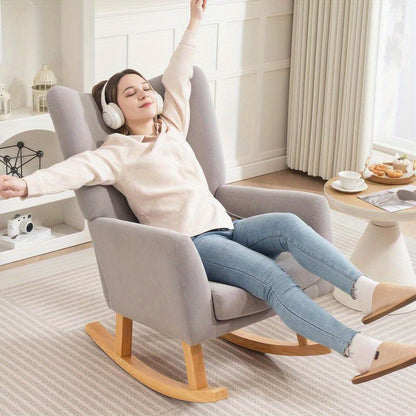 Ergonomic Rocking Chair with High Backrest & Plush Cushion - Heavy-Duty Hardwood/Metal Frame, Easy Assembly, Soft Fabric Upholstery in Neutral Tones - Indoor/Outdoor Lounge Chair for Living Room, Bedroom, Patio, Office - Dura