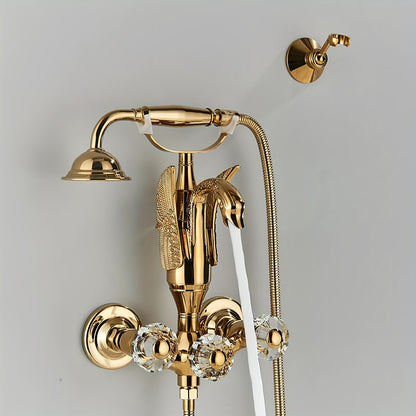 Gouden Badkraanset – Badkamerkraan – Mengkraan – Wandkraan – Douchekraan – Luxe Zwanen Design – Messing Met Kristallen Handvat – Inclusief Handdouche