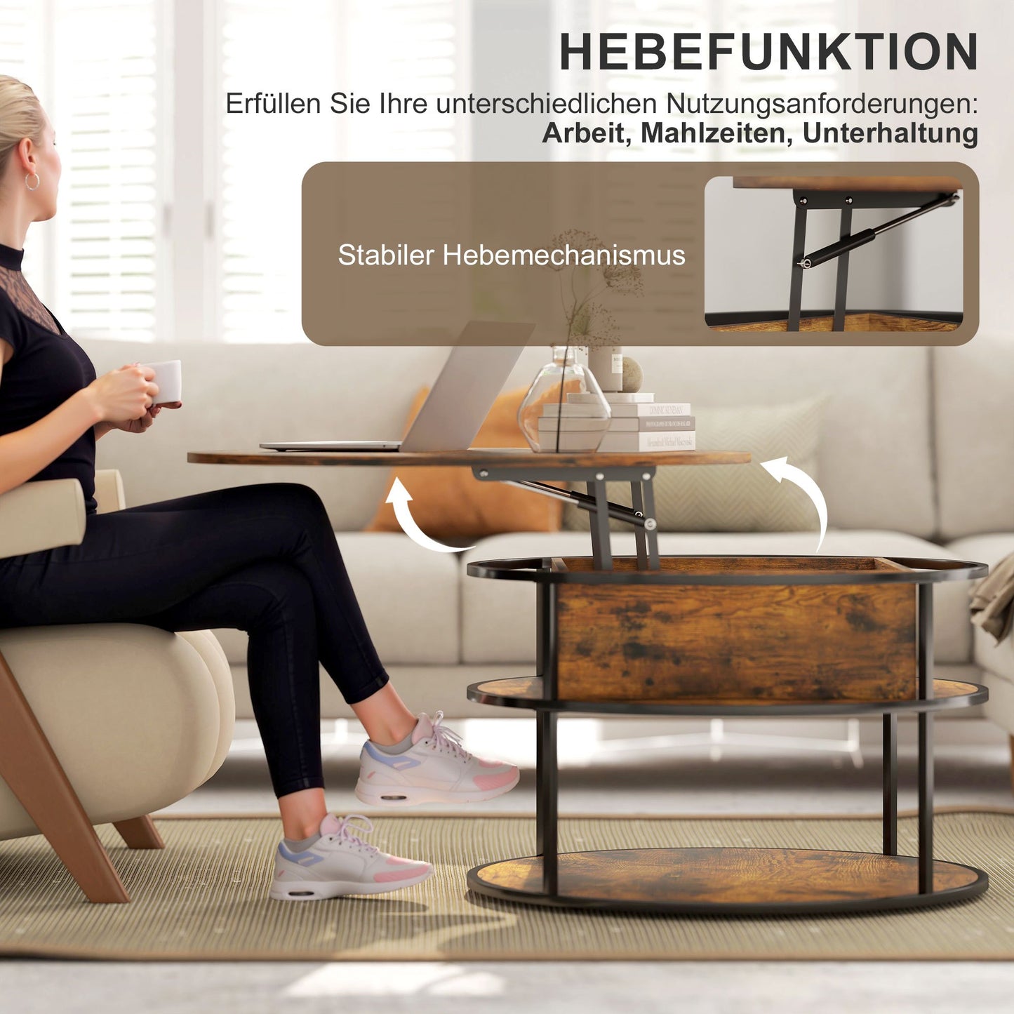 Salontafel – Koffietafel – Bijzettafel – Tafel – Rond – Met Liftfunctie – Verstelbare Hoogte & Opbergruimte – Stalen Frame & Melamine Afwerking – Bruin