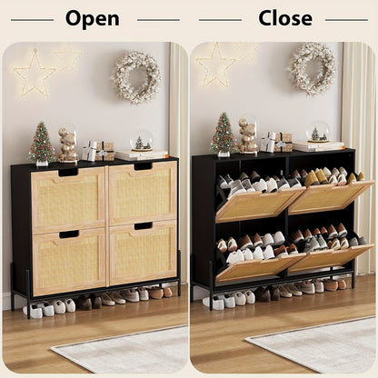 Smalle Schoenenkast – Schoenenrek – Schoenopberger – Schoenentoren – Schoenensysteem – Rattan Materiaal – Verstelbare Compartimenten – 100x24x88 cm – Zwart
