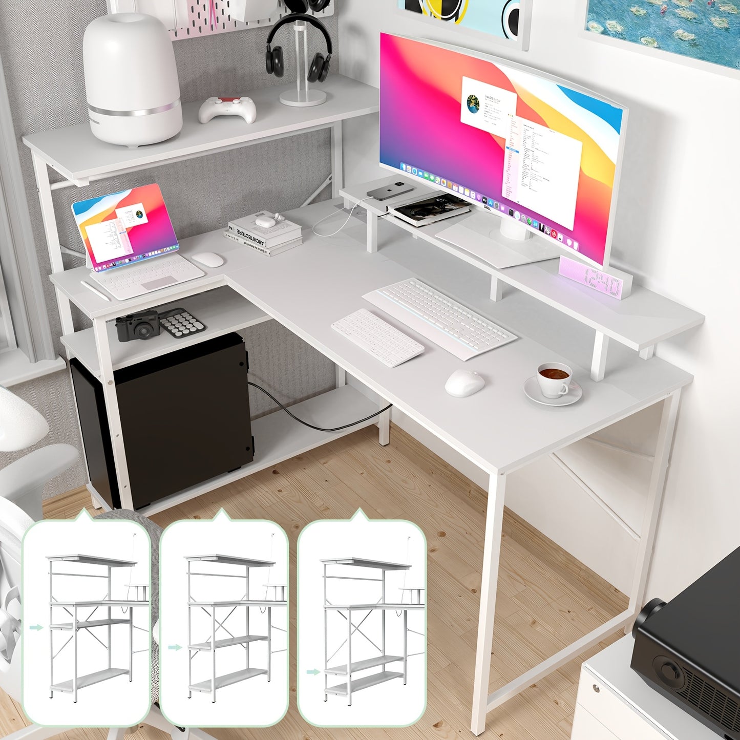 L-vormig Wit Computerbureau met Planken en Steunpaneel – Multifunctioneel Werkstation voor Kantoor, Slaapkamer, Studieruimte of Gaming Setup