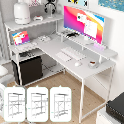 L-vormig Wit Computerbureau met Planken en Steunpaneel – Multifunctioneel Werkstation voor Kantoor, Slaapkamer, Studieruimte of Gaming Setup
