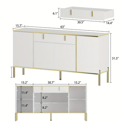 Elegant White Ripple Wooden Sideboard with Golden Pulls & Black Legs – 160.02cm W x 39.88cm D x 80.01cm H Four-Door Storage Cabinet for Bedroom, Bathroom, or Living Room, Modern Hardwood Design with Ample Storage Options, V