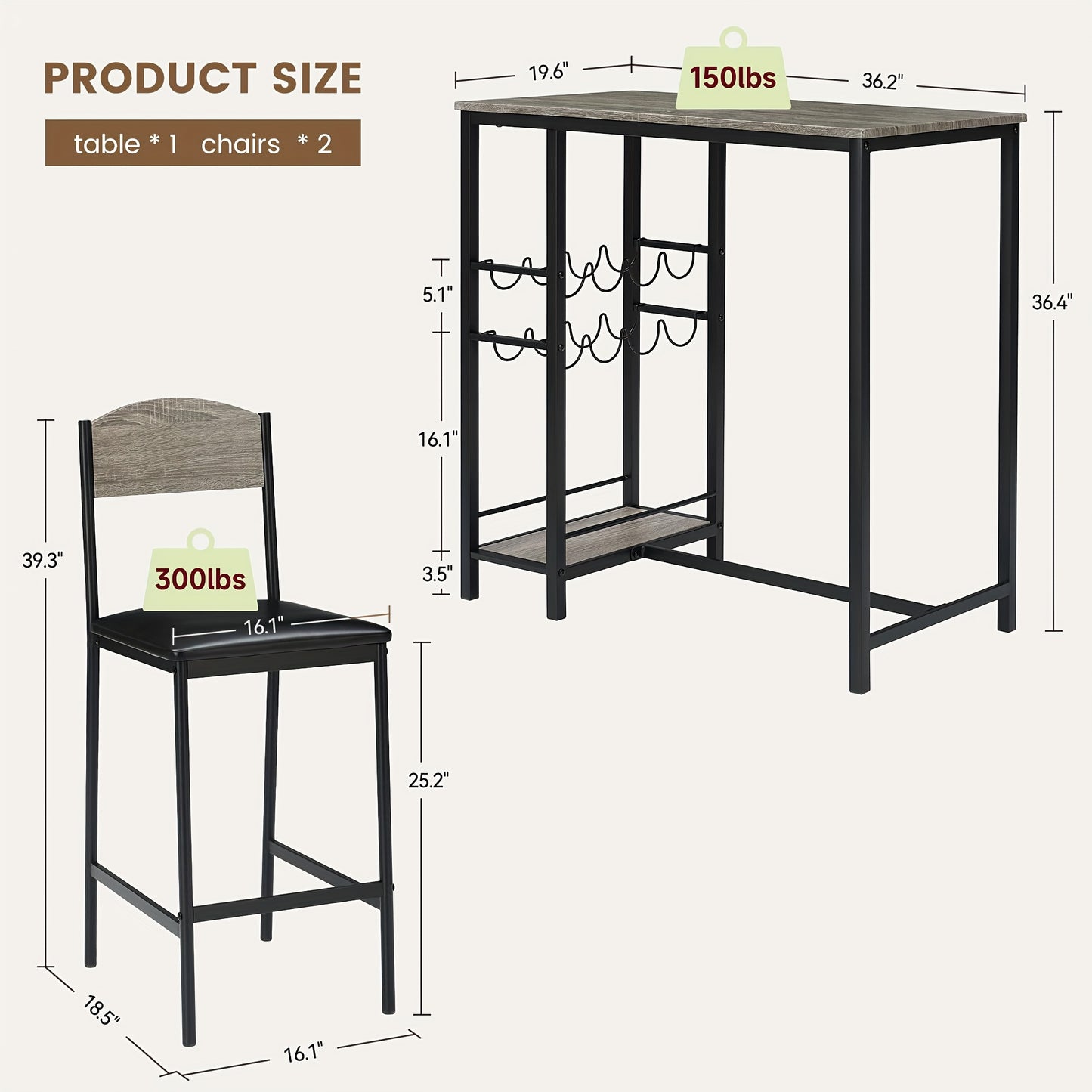 2-in-1 Counter Height Bar Table Set with Storage Shelf & Wine Rack - Space-Saving 3pcs Modern Dining Table with Cup Holders, Foldable Design