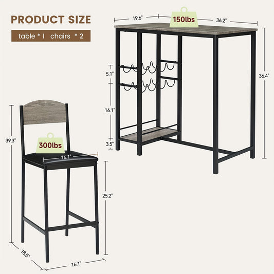 2-in-1 Counter Height Bar Table Set with Storage Shelf & Wine Rack - Space-Saving 3pcs Modern Dining Table with Cup Holders, Foldable Design