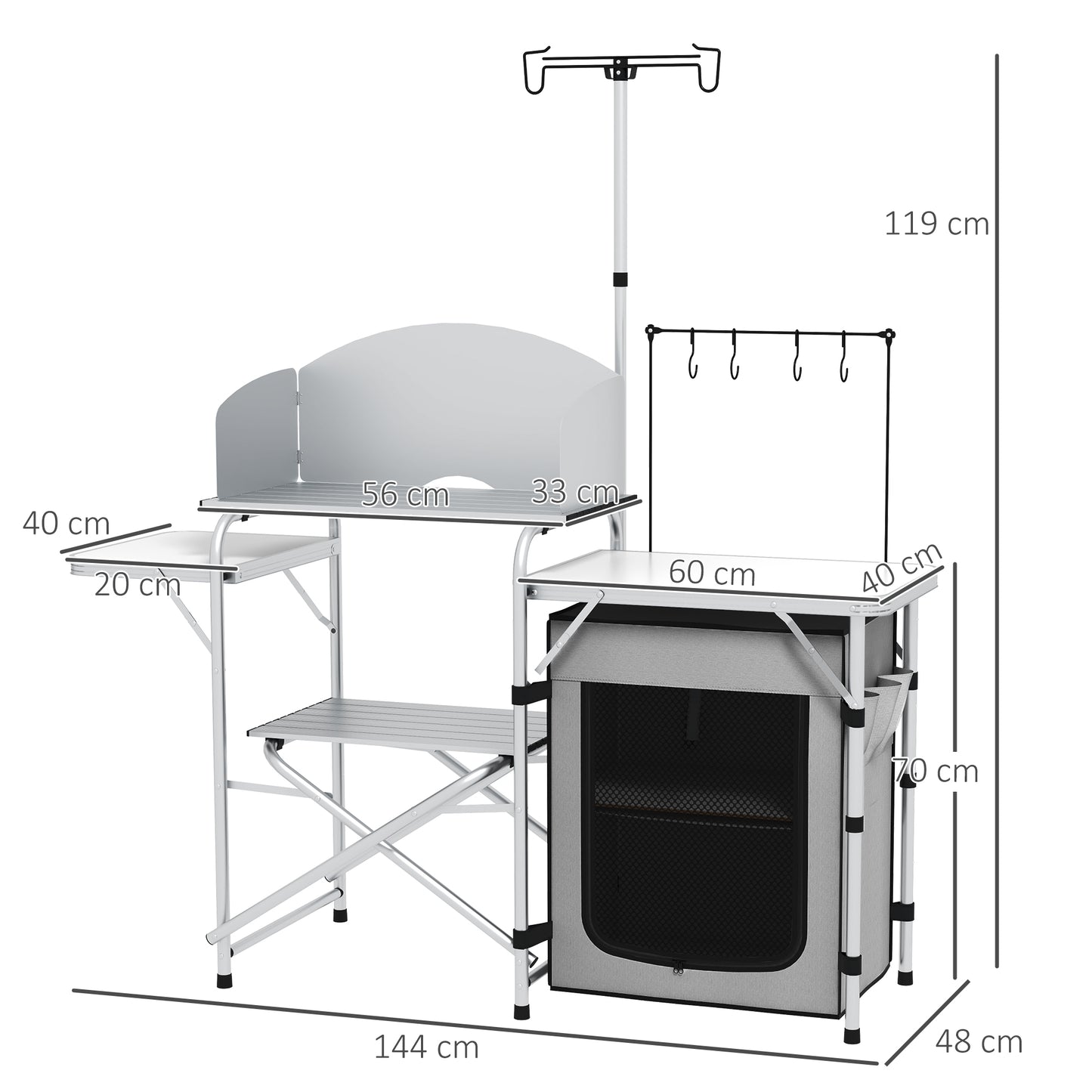 Campingkast – Campingkeuken – Kampeermeubel – Opvouwbare Kast – Outdoor Keuken – 3 Werkbladen – Windscherm – Stoffen Kast – 144x48x119 cm – Metaal Frame