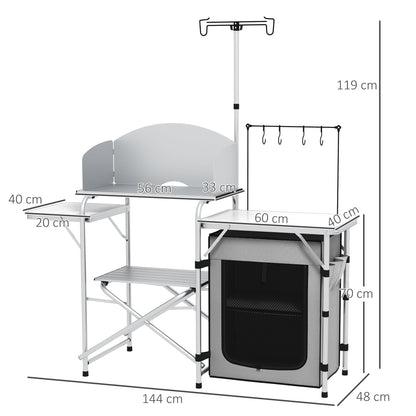 Campingkast – Campingkeuken – Kampeermeubel – Opvouwbare Kast – Outdoor Keuken – 3 Werkbladen – Windscherm – Stoffen Kast – 144x48x119 cm – Metaal Frame