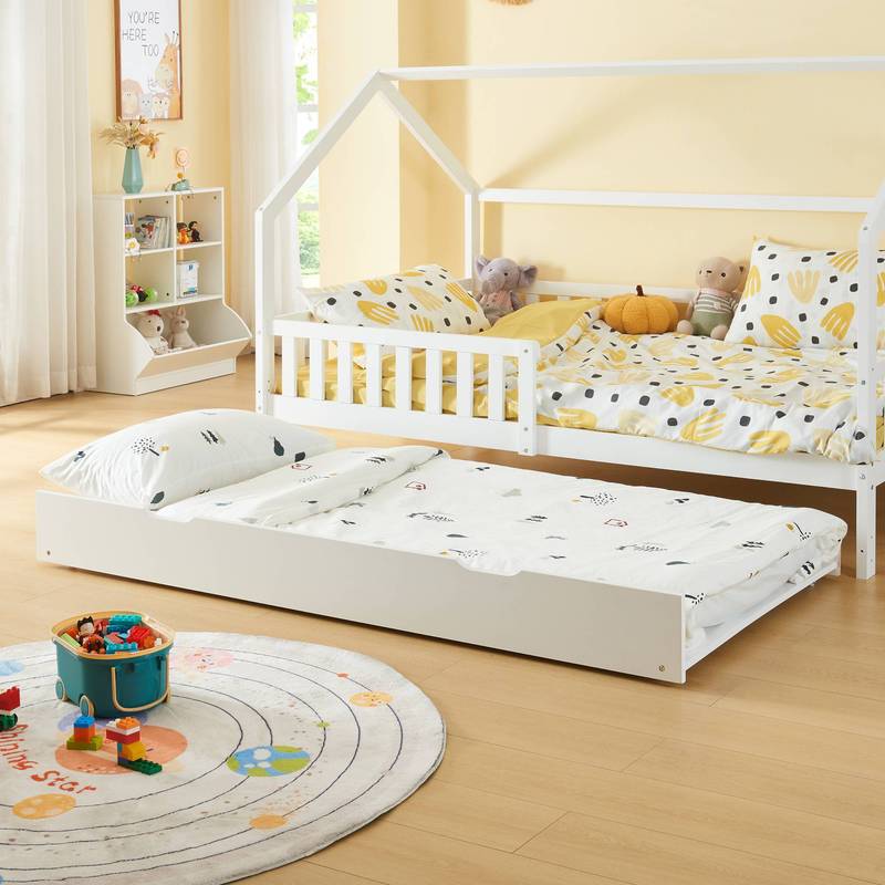 Uittrekbaar Onderschuifbed – Bedlade – Logeerbed – Opbergbed – Rolluikbed – Met Wieltjes – Massief Grenenhout – 197x94x22 cm – Wit