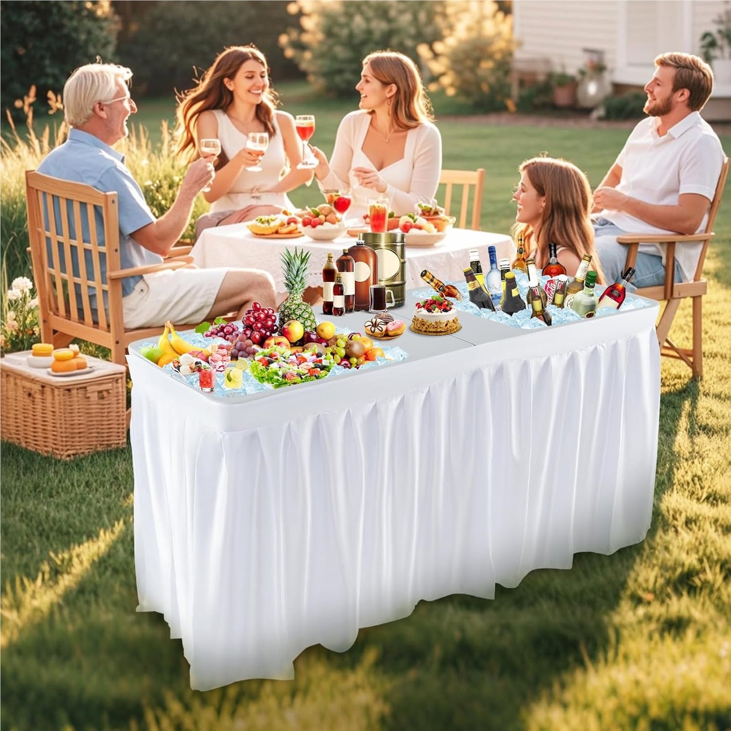 Koeltafel – Campingtafel – Picknicktafel – Vouwtafel – Tuinbar – Dubbele Waskommen – Inklapbaar – Stevig HDPE Metalen Frame – 150 cm – Maximaal 100 kg Draagvermogen