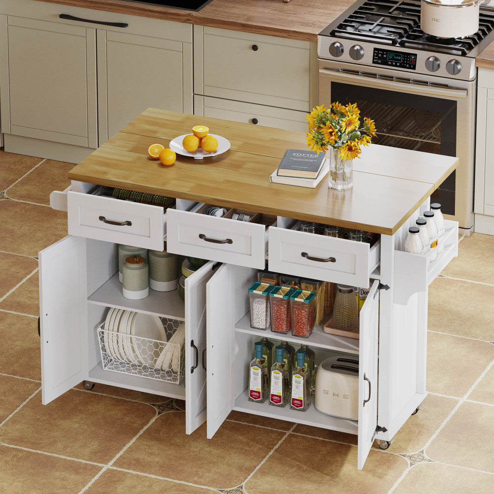 White Barn-Style Mobile Kitchen Island with Fold-Down Worktop, Lockable Doors & Drawers, Heavy-Duty Metal Frame, 4-Door with 5-Wheel Lock, Space-Saving Design for Small Kitchens (140x43x90.5cm) - Assembly Required