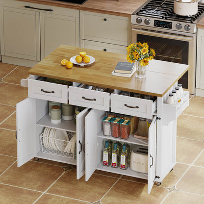 White Barn-Style Mobile Kitchen Island with Fold-Down Worktop, Lockable Doors & Drawers, Heavy-Duty Metal Frame, 4-Door with 5-Wheel Lock, Space-Saving Design for Small Kitchens (140x43x90.5cm) - Assembly Required