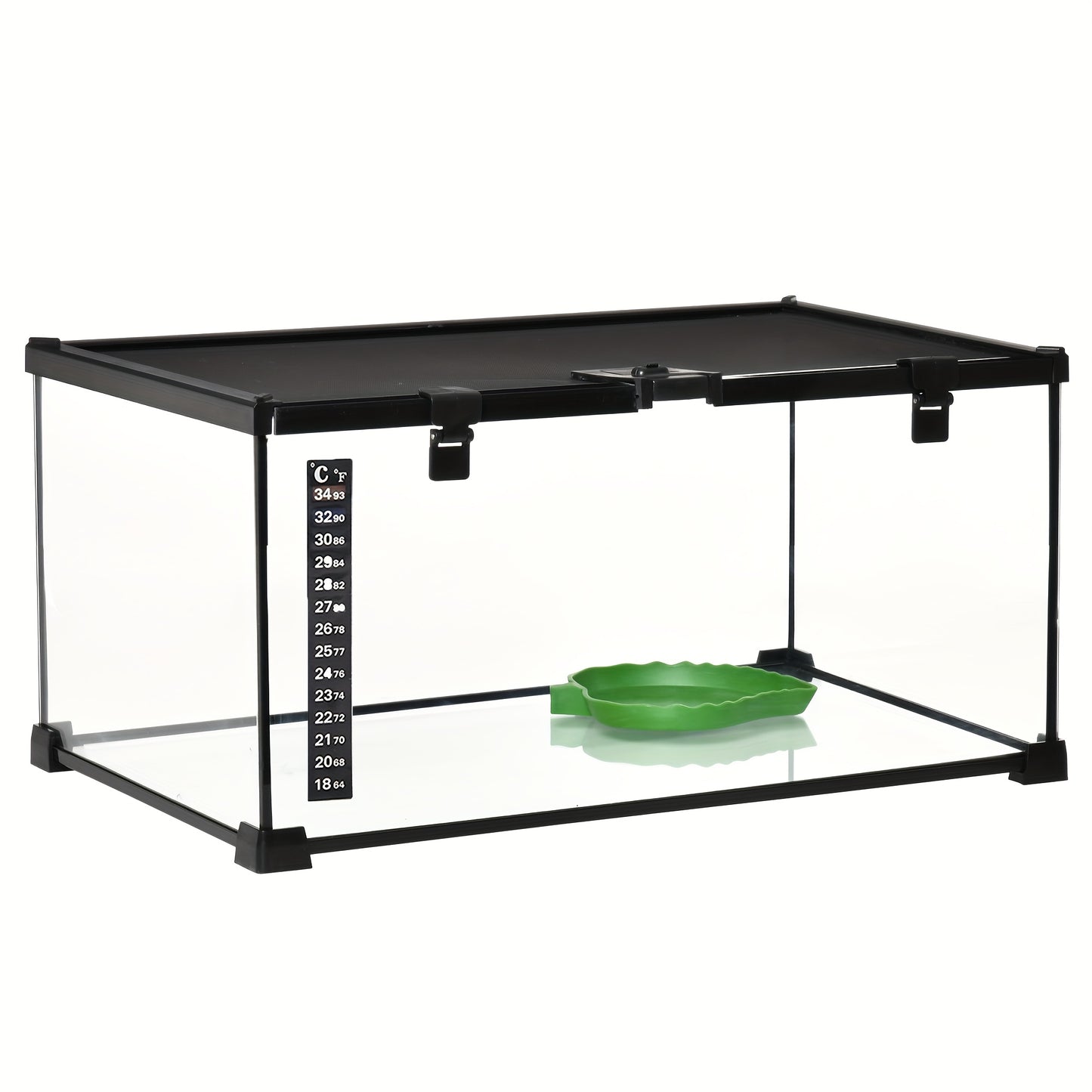 Reptilienterrarium – Glazen Terrarium – Amfibieën Terrarium – Spinnenterrarium – Kweekbak – Zwart Design – Ingebouwde Thermometer – 50 x 30 x 25 cm
