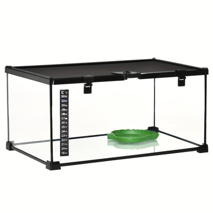 Reptilienterrarium – Glazen Terrarium – Amfibieën Terrarium – Spinnenterrarium – Kweekbak – Zwart Design – Ingebouwde Thermometer – 50 x 30 x 25 cm