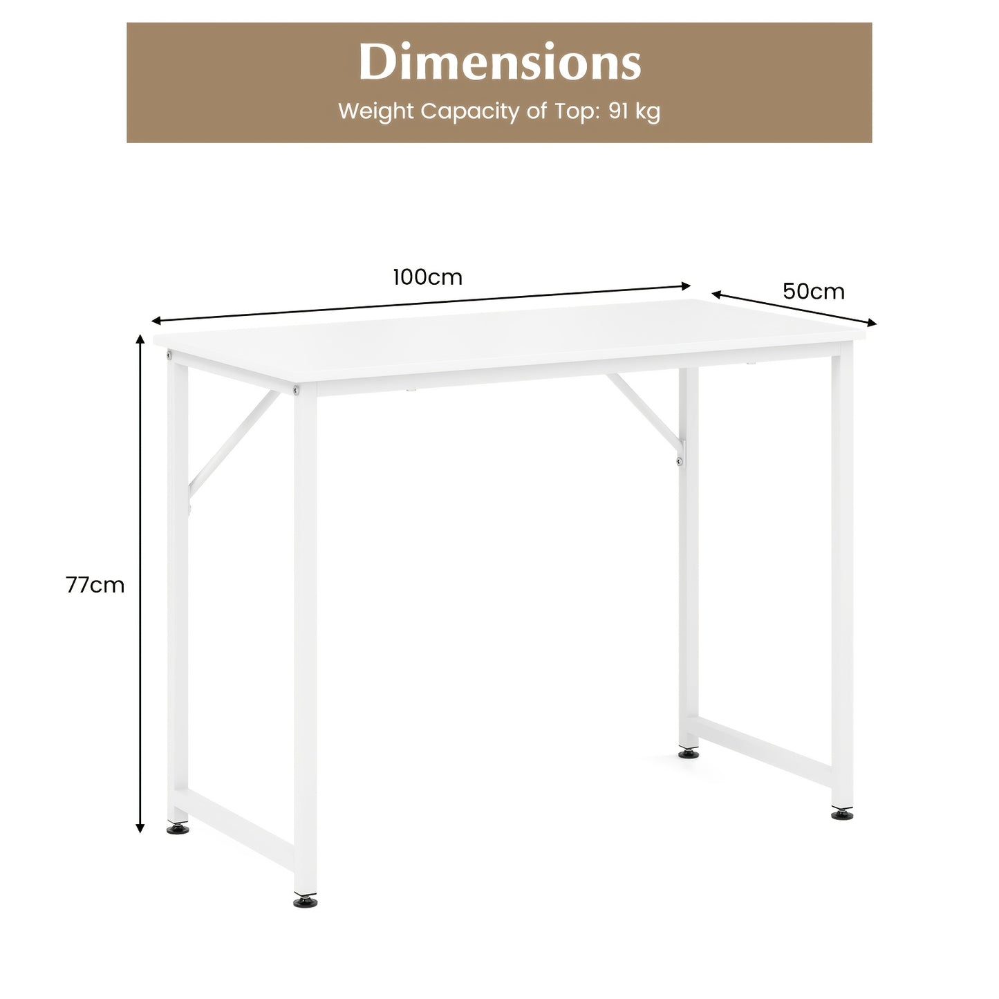 Bureau – Schrijftafel – Computertafel – Werkplek – Bureautafel – Wit MDF Tafelblad – Stevig Metalen Frame 102x50 cm