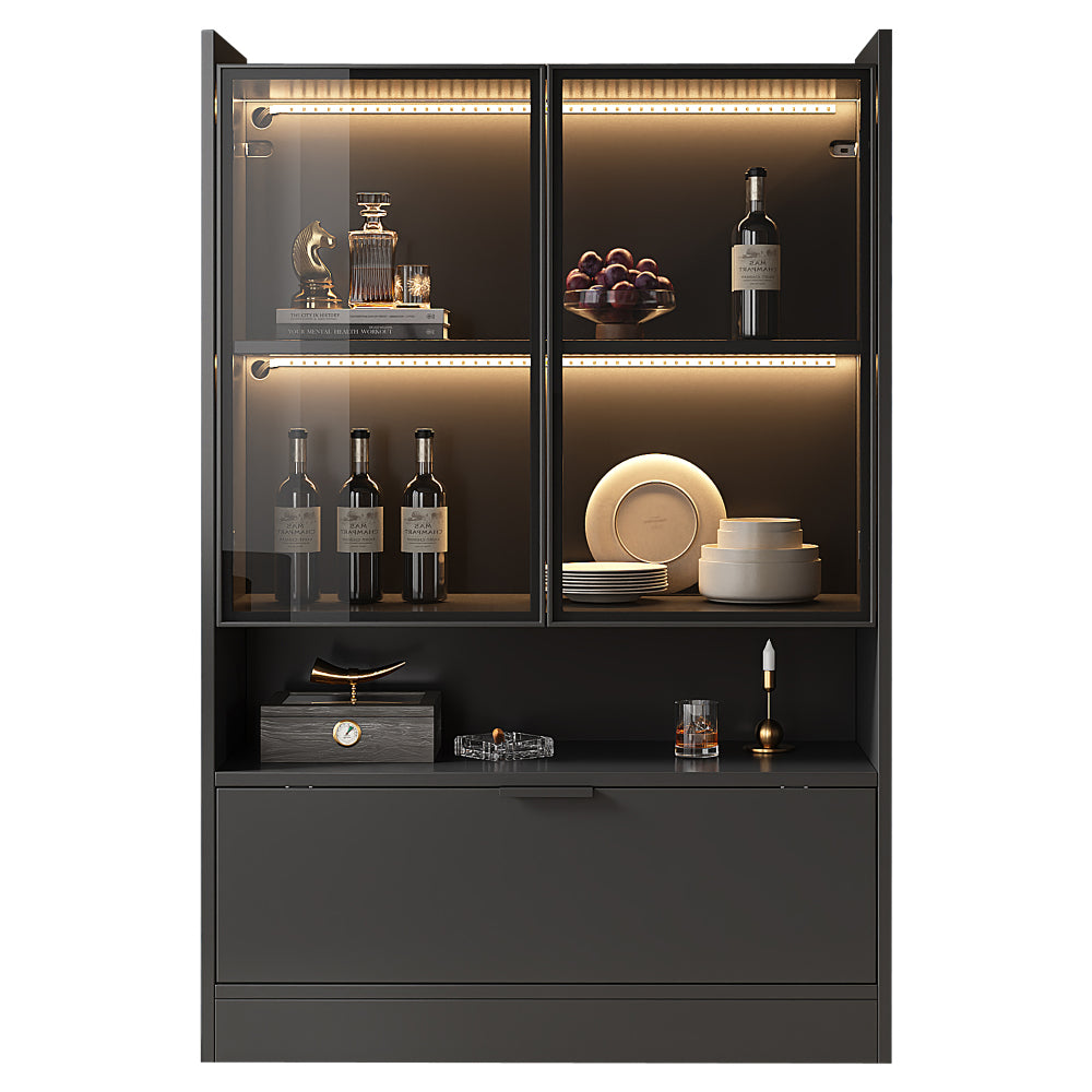Zijboard – Dressoir – Opbergkast – Vitrinekast – Kast – Mat Zwart – 120 cm Hoogte – Glazen Deuren & Klapdeuren