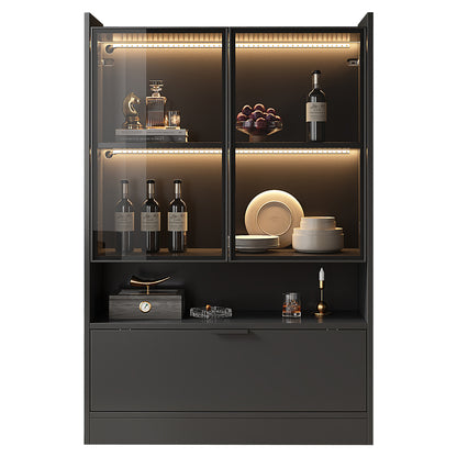 Zijboard – Dressoir – Opbergkast – Vitrinekast – Kast – Mat Zwart – 120 cm Hoogte – Glazen Deuren & Klapdeuren