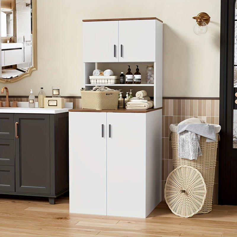 Opbergkast – Opbergmeubel – Kast – Bergkast – Opbergrek – Met Dubbele Deuren – Geschikt Voor Wasmachine 68x68x170cm – Wit – Verstelbare Planken – Stevig Hout