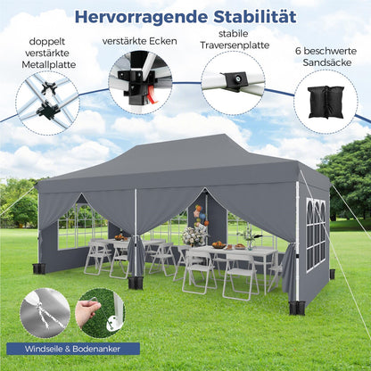 Paviljoen 3x6 M – Tuin Tent – Partytent – Overkapping – Garden Gazebo – Waterdicht – UV Bescherming SPF 50+ – Stevig Met Zijwanden En Zandzakken – Grijs