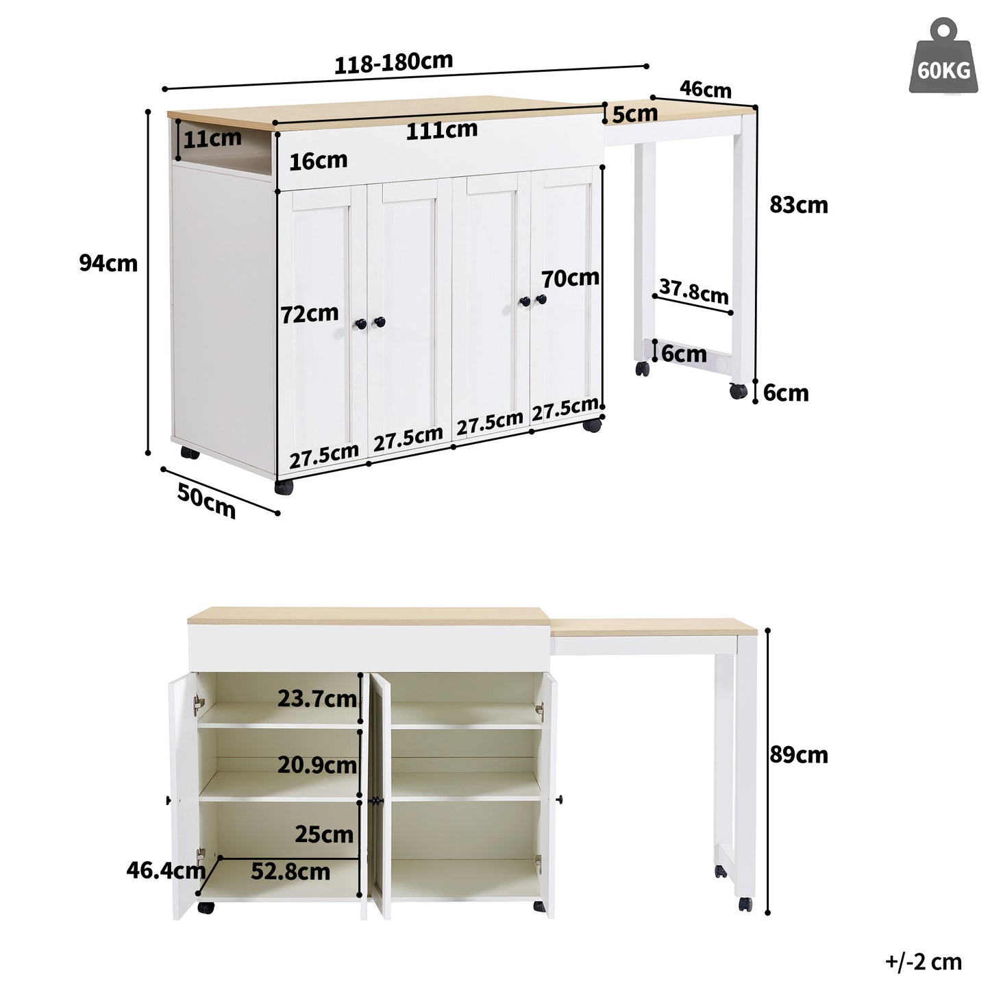 Uittrekbare Bar-/Eettafel – Uitschuiftafel – Keukentafel – Statafel – Werktafel – Met 6 Opbergruimtes – Verstelbaar Tafelblad 118-180 cm – Houtlook Wit