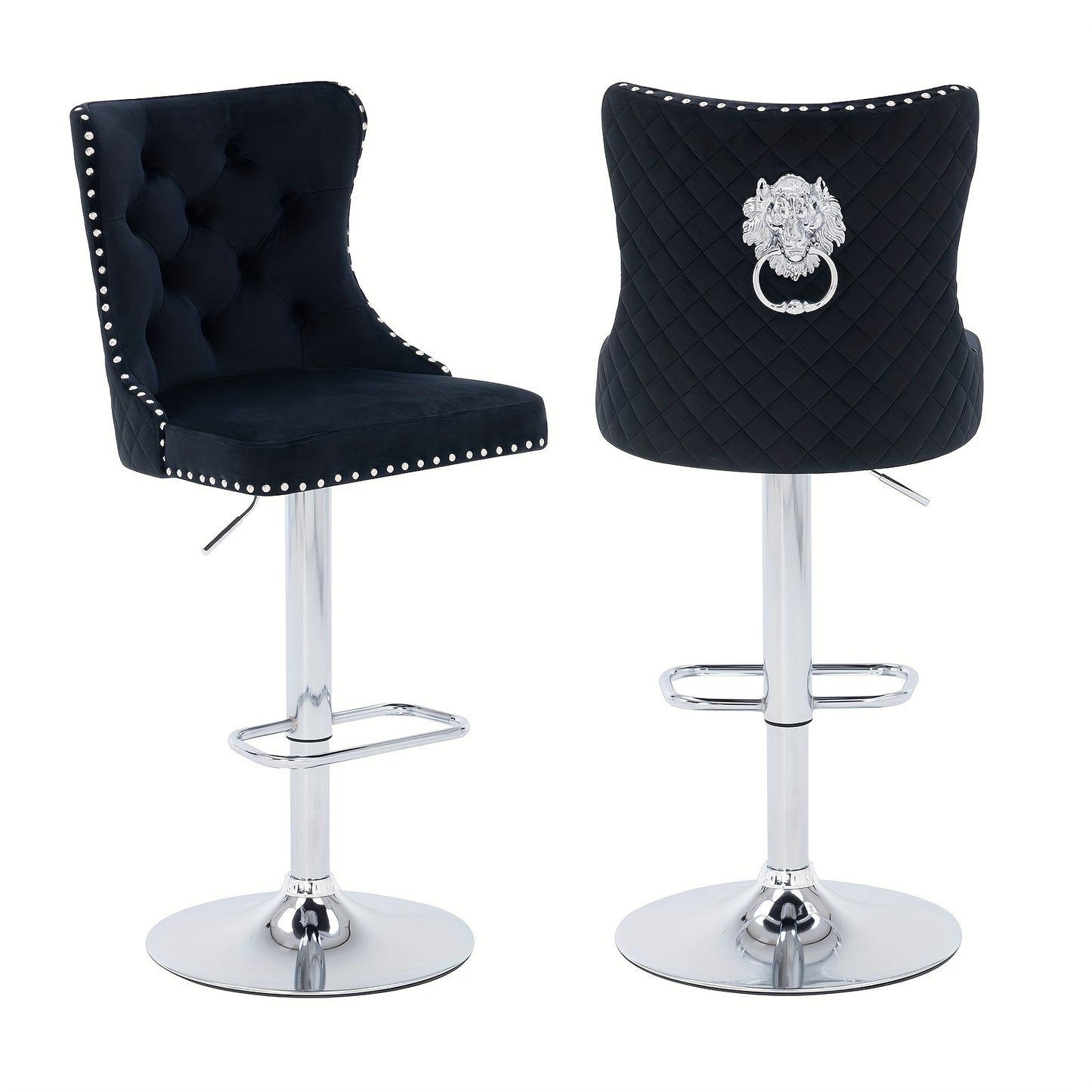Modern Bar Stools Set Of 2, Swivel Velvet Adjustable Stools with Lion Head Pull Ring, Upholstered Kitchen Chairs with Ergonomic Backrests & Nailhead Trims, Suitable for Kitchen Island, Dining Room & Bar