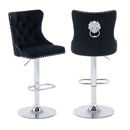 Modern Bar Stools Set Of 2, Swivel Velvet Adjustable Stools with Lion Head Pull Ring, Upholstered Kitchen Chairs with Ergonomic Backrests & Nailhead Trims, Suitable for Kitchen Island, Dining Room & Bar