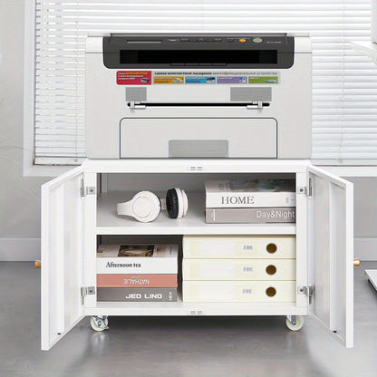 Mobiele Printerstandaard – Mobiele Printertafel – Printerrek – Printerhouder – Printerwagen – Met Metalen Frame – Verstelbare Plank En Deur – Wieltjes Voor Thuiswerkplek – Wit
