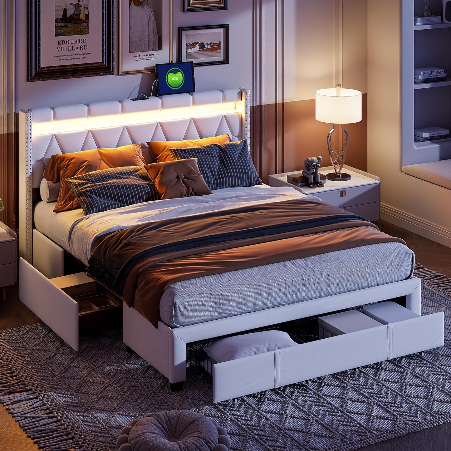Gestoffeerd Bed – Tweepersoonsbed – Bedframe – Led Bed – Bed Met Lade – 140x200 Cm – Met Usb Oplaadpoort – 4 Opbergladen