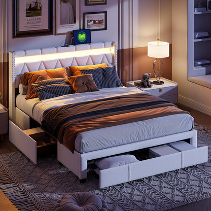 Gestoffeerd Bed – Tweepersoonsbed – Bedframe – Led Bed – Bed Met Lade – 140x200 Cm – Met Usb Oplaadpoort – 4 Opbergladen