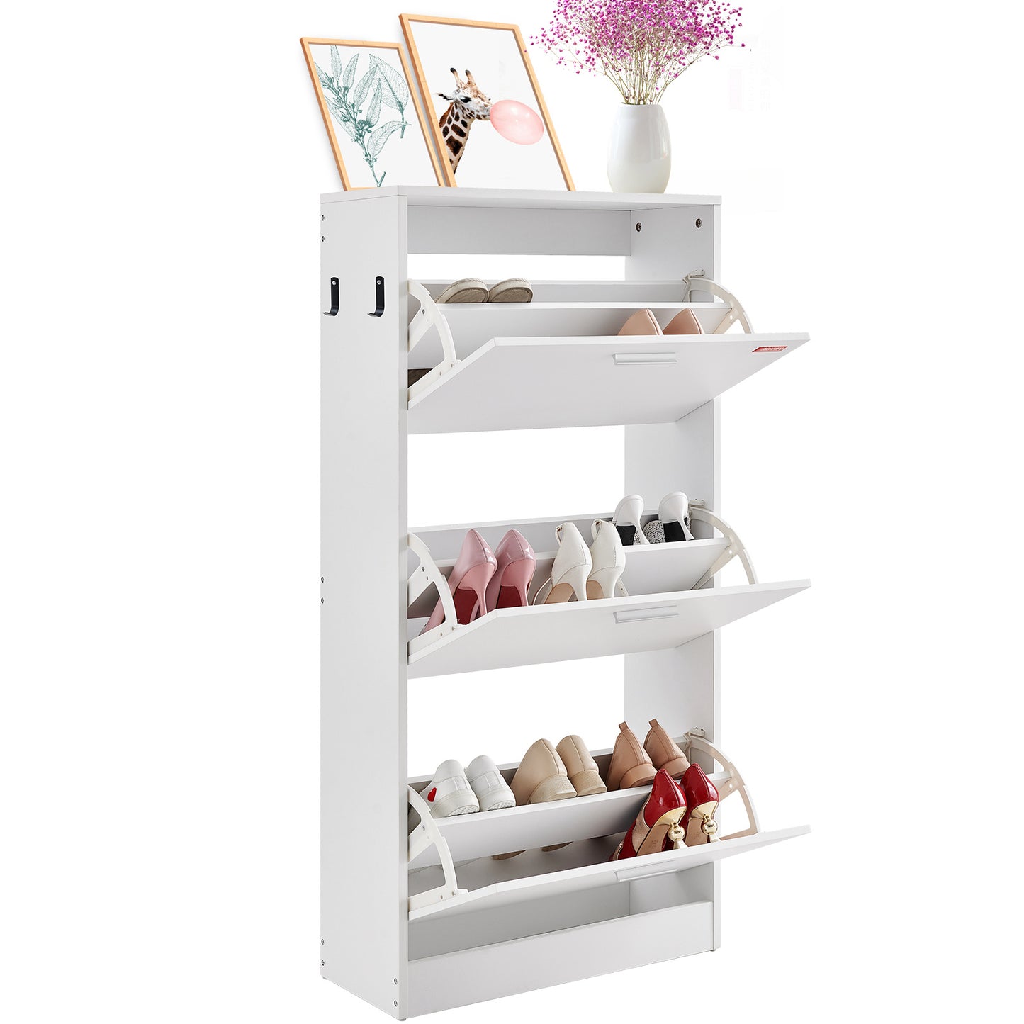 Schoenenkast – Schoenenrek – Schoenenopberger – Schoenenkastje – Schoenenkast met 3 Klapladen – Compact Design – Stevig Hout