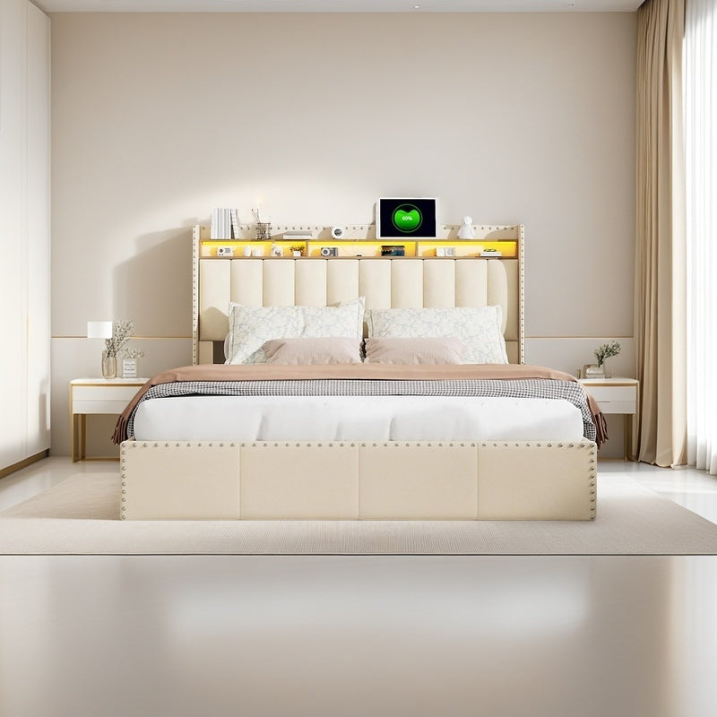 Bedombouw – Bedframe – Ledikant – Gestoffeerd Bed – Opbergbed – Tweepersoonsbed – Velvet Beige – 140x200 cm – Met USB Oplaadpoort en LED Verlichting