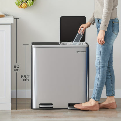 Dubbele Afvalbak – Recycling Bin – Vuilnisbak – Prullenbak – Twee Compartimenten – 2 x 30L – Metalen Pedaalbak – Soft Close Deksel – Inclusief 15 Vuilniszakken – Plastic Binnenemmers