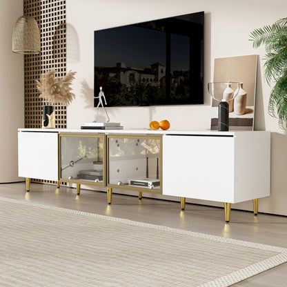 170 cm TV Cabinet – White Minimalist Style, Standing and Wall Mounting, 4 Doors (2 Glass Doors), Versatile Mounting Options, Perfect for Living Room