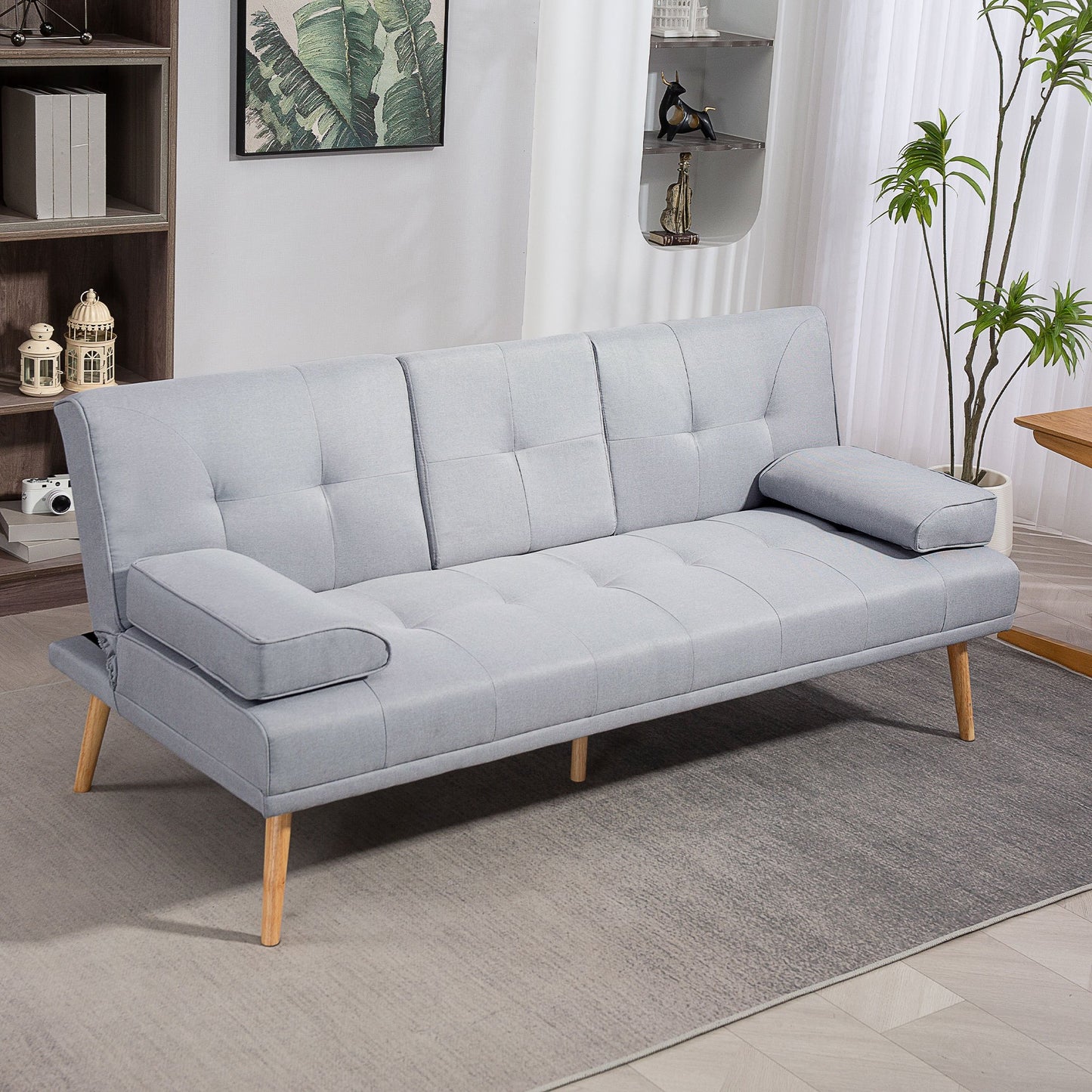 Bankbed – Slaapbank – Bedbank – 3-Zits Sofa – Sofa Bed – Linnenlook Stof – Inklapbare Tafel Met Bekerhouders – Verstelbare Rugleuning – Max. Belastbaar 250 Kg – Lichtgrijs