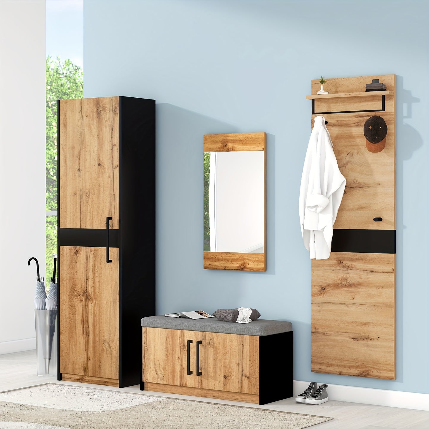 Halmeubelset – Kapstok – Schoenenrek – Wandkapstok – Garderobekast – Geel – Compact Ruimtebesparend – Rotan Deuren