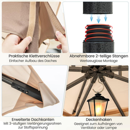Paviljoen – Tuinpaviljoen – Partytent – Overkapping – Tuintent – 3 x 3,6 meter – Waterdicht en Winterbestendig – Inclusief 4 Muggenhorren en Zandzakken – Dubbel Dak – Khaki