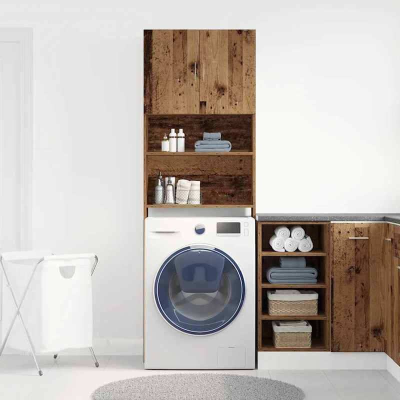 Wasmachinekast – Wasmachineombouw – Wasmachineberging – Opbergkast – Kast Voor Wasmachine – Nostalgisch Oud Hout Design – Afmetingen 64x24x190 cm – Bruin