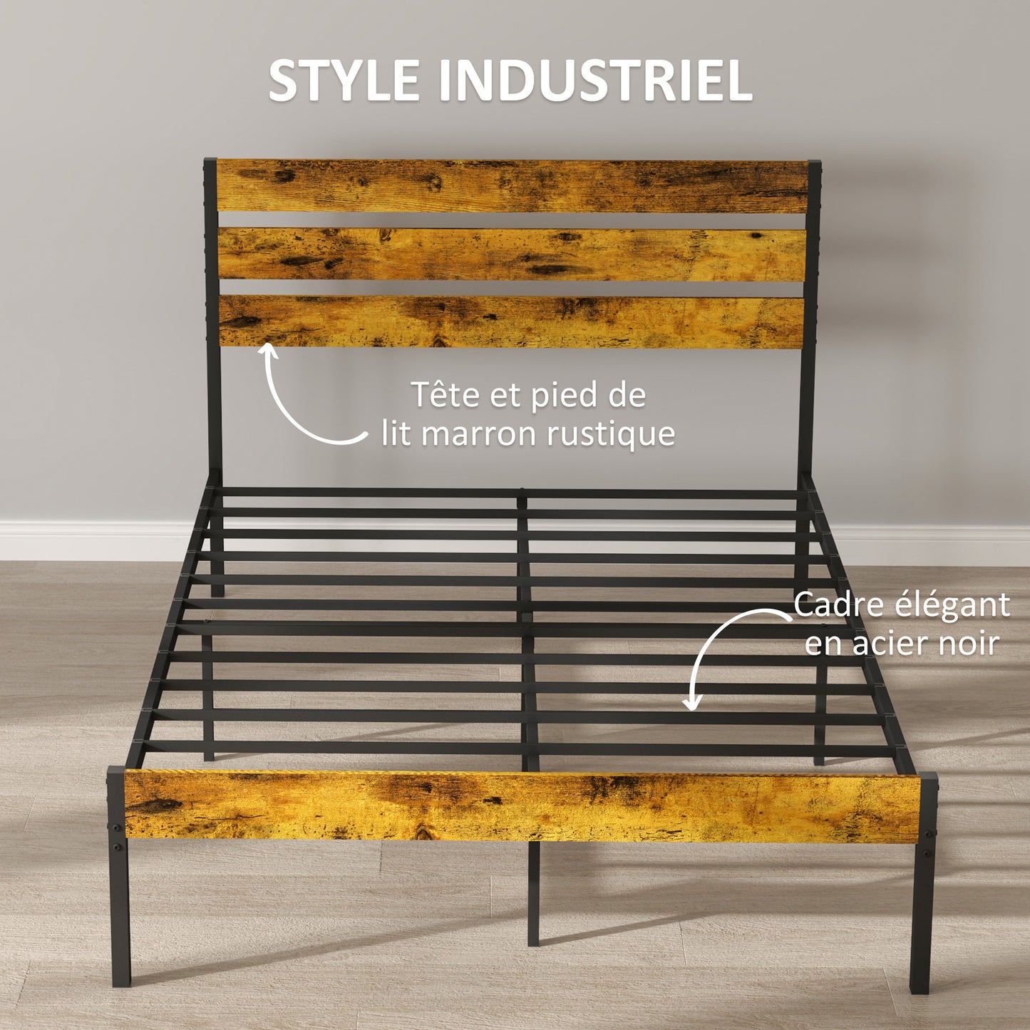 Tweepersoonsbed – Bedframe – Boxspringbed – Industrieel Bed – Slaapbed – Industrieel Design – Stevig Stalen Frame – Ruime Opbergruimte Onder Bed – Geschikt Voor Matras 140x200 cm