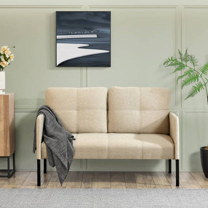 2-Zits Bank – Tweezitsbank – Houtribank – Zithoekbank – Compact Bankje – Beige Kleur – Stevig Houten Frame – Met Twee Rugkussens
