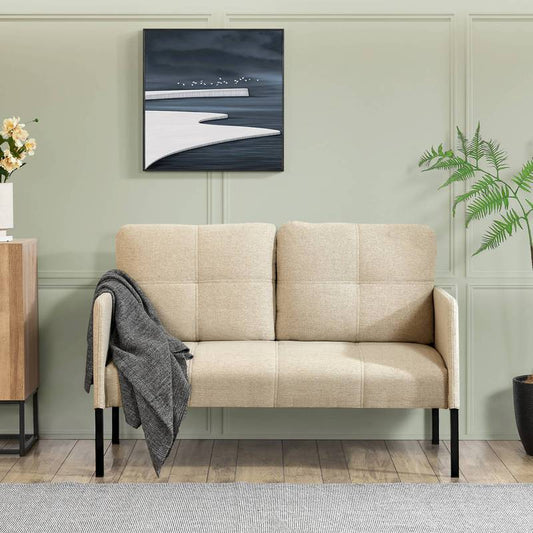 2-Zits Bank – Tweezitsbank – Houtribank – Zithoekbank – Compact Bankje – Beige Kleur – Stevig Houten Frame – Met Twee Rugkussens