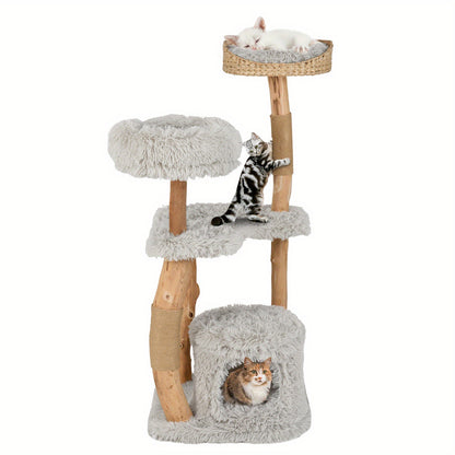 Krabpaal – Kattenboom – Kattenhuis – Kattentoren – Krabmeubel – Hout – 124 cm Hoog – Stevig Massief Houten Frame met Jute Krabpalen